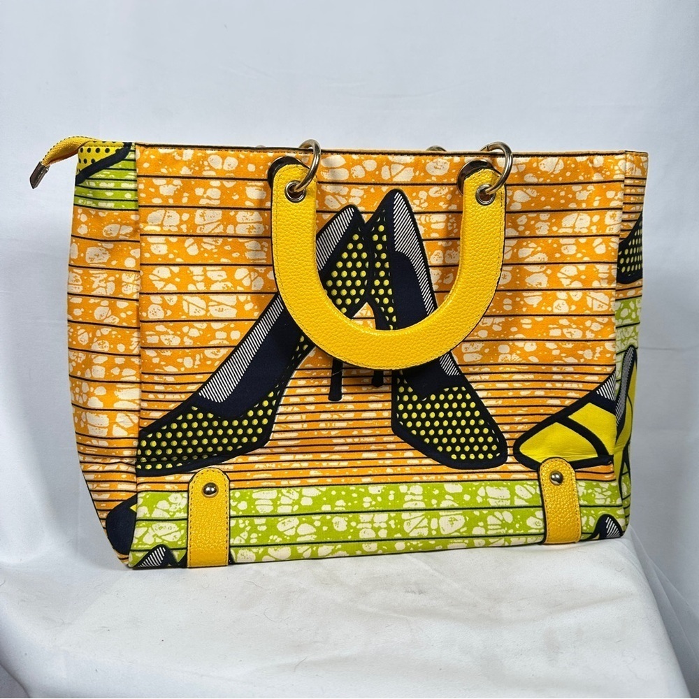 Halo & Way Ankara Wax Print Leather Tote Yellow Green Heels Bag Boho Retro Y2K - Picture 8 of 12